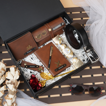 Load image into Gallery viewer, Romantic 8-in-1 Men’s Valentine’s Gift Set – Personalized Wallet, Belt, Keychain, Pen, Flower & Chocolate