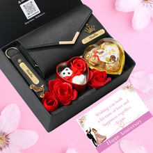 Load image into Gallery viewer, Personalised Romantic Gift Set for Women | Clutch, Keychain with Name & Charm Teddy & Chocolates Combo