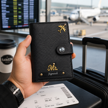 Load image into Gallery viewer, Personalized Passport Holder for Men & Women with Custom Name & Charm | Travel Wallet with Card Slots, ID Window & Cash Pocket | Secure Snap Closure | Passport Cover