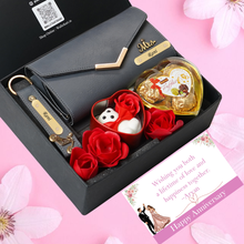 Load image into Gallery viewer, Personalised Romantic Gift Set for Women | Clutch, Keychain with Name & Charm Teddy & Chocolates Combo