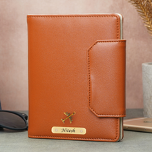 Load image into Gallery viewer, Personalized Family Passport Organizer for 3 Passports | Custom Name Travel Document Wallet with 8 Card Slots, Cash Pocket, Boarding Pass Holder & Secure Closure (STYLE ID#49)