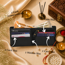 Load image into Gallery viewer, Personalized Vegan Leather Wallet with Custom Name Rudraksha Rakhi | Premium Raksha Bandhan Gift Box with Roli & Chawal for Brother