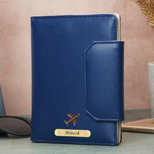 Load image into Gallery viewer, Personalized Family Passport Organizer for 3 Passports | Custom Name Travel Document Wallet with 8 Card Slots, Cash Pocket, Boarding Pass Holder & Secure Closure (STYLE ID#49)