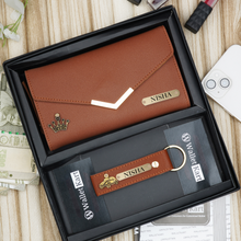 Load image into Gallery viewer, Personalised Women's Leather Clutch & Keychain Combo With Name & Charm Gift Combo for Girlfriend, Wife, Mother & Sister