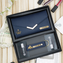 Load image into Gallery viewer, Personalised Women's Leather Clutch & Keychain Combo With Name & Charm Gift Combo for Girlfriend, Wife, Mother & Sister