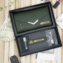Load image into Gallery viewer, Personalised Women's Leather Clutch & Keychain Combo With Name & Charm Gift Combo for Girlfriend, Wife, Mother & Sister
