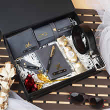 Load image into Gallery viewer, Romantic 8-in-1 Men’s Valentine’s Gift Set – Personalized Wallet, Belt, Keychain, Pen, Flower & Chocolate