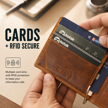 Load image into Gallery viewer, Genuine Leather RFID Money Clip Bi-Fold Wallet for Men – 8 Card Slots, Metal Cash Clip, Ultra-Thin Wallet (STYLE ID #36)