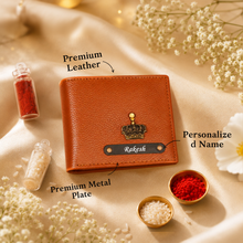Load image into Gallery viewer, Personalized Executive Leather Wallet with Custom Name Rudraksha Rakhi | Premium Gift Box with Roli & Chawal | Raksha Bandhan Gift for Brother