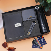 Load image into Gallery viewer, Personalised 4-in-1 Men's Wallet Combo with Keychain, Diary with Name & Charm and Bottle with Name, Best Customised Corporate Gift for Office