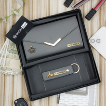 Load image into Gallery viewer, Personalised Women's Leather Clutch & Keychain Combo With Name & Charm Gift Combo for Girlfriend, Wife, Mother & Sister
