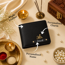 Load image into Gallery viewer, Personalized Vegan Leather Wallet with Custom Name Rudraksha Rakhi | Premium Raksha Bandhan Gift Box with Roli & Chawal for Brother
