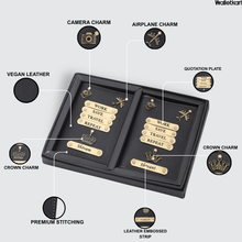 Load image into Gallery viewer, Personalized Leather Couple Passport Cover with Name and Charm (WORK SAVE TRAVEL REPEAT)