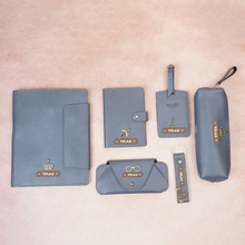 Load image into Gallery viewer, Luxury Personalised Travel Essentials Gift Set – Passport Cover, Diary Holder, Eyewear Case, Luggage Tag, Keychain & Pouch with Name & Charm