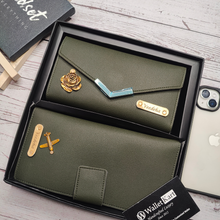 Load image into Gallery viewer, Personalized Leather Name Clutch & Travel Wallet Combo, Women's Gift Combo for Girlfriend, Friend, Wife, Mother & Sister