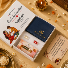Load image into Gallery viewer, Personalized Vegan Leather Wallet with Custom Name Rudraksha Rakhi | Premium Raksha Bandhan Gift Box with Roli & Chawal for Brother