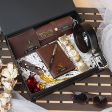 Load image into Gallery viewer, Romantic 8-in-1 Men’s Valentine’s Gift Set – Personalized Wallet, Belt, Keychain, Pen, Flower & Chocolate