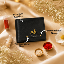 Load image into Gallery viewer, Personalized Executive Leather Wallet with Custom Name Rudraksha Rakhi | Premium Gift Box with Roli & Chawal | Raksha Bandhan Gift for Brother