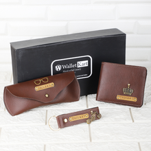 Load image into Gallery viewer, Personalized Leather Name Men's Wallet 3 in 1 Combo | Customised Gift Combo for Boyfriend Friend Husband Father & Son