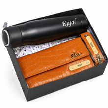 Load image into Gallery viewer, Personalized Gift Combo for Women with Custom Name | Croco Texture Clutch, Personalized Bottle & Keychain with Golden Name Plate | Premium Gift Set for Her