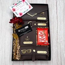 Load image into Gallery viewer, Personalized Women's Clutch, Keychain, Passport Cover, Eyewear Case, Flower, Kitkat and Greeting card with Name and Charm ( 7 in 1 Combo ) Special Gift Combo for Birthday and Anniversary