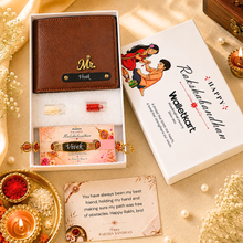 Load image into Gallery viewer, Personalized Vegan Leather Wallet with Custom Name Rudraksha Rakhi | Premium Raksha Bandhan Gift Box with Roli & Chawal for Brother