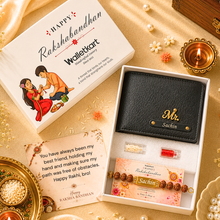 Load image into Gallery viewer, Personalized Vegan Leather Wallet with Custom Name Rudraksha Rakhi | Premium Raksha Bandhan Gift Box with Roli & Chawal for Brother