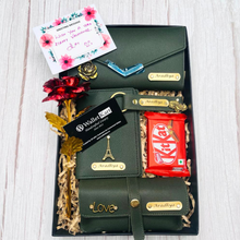 Load image into Gallery viewer, Personalized Women's Clutch, Keychain, Passport Cover, Eyewear Case, Flower, Kitkat and Greeting card with Name and Charm ( 7 in 1 Combo ) Special Gift Combo for Birthday and Anniversary