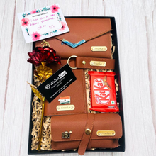 Load image into Gallery viewer, Personalized Women's Clutch, Keychain, Passport Cover, Eyewear Case, Flower, Kitkat and Greeting card with Name and Charm ( 7 in 1 Combo ) Special Gift Combo for Birthday and Anniversary