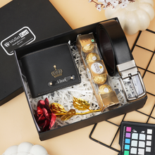 Load image into Gallery viewer, Special 4-in-1 Men’s Gift Combo – Personalized Men's Wallet, Belt, Flower and Chocolate