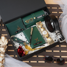 Load image into Gallery viewer, Romantic 8-in-1 Men’s Valentine’s Gift Set – Personalized Wallet, Belt, Keychain, Pen, Flower & Chocolate