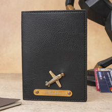 Load image into Gallery viewer, Elegant Personalized Couple Passport Cover Set with Engraved Name on golden Plate & Charm