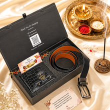 Load image into Gallery viewer, Personalized Croco Leather Wallet & Belt Combo with Custom Name Rudraksha Rakhi | Raksha Bandhan Gift Set for Brother