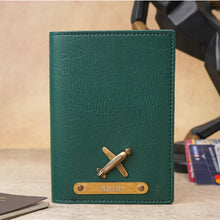 Load image into Gallery viewer, Elegant Personalized Couple Passport Cover Set with Engraved Name on golden Plate & Charm