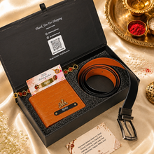 Load image into Gallery viewer, Personalized Croco Leather Wallet & Belt Combo with Custom Name Rudraksha Rakhi | Raksha Bandhan Gift Set for Brother
