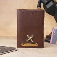 Load image into Gallery viewer, Elegant Personalized Couple Passport Cover Set with Engraved Name on golden Plate & Charm