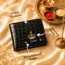 Load image into Gallery viewer, Personalized Croco Leather Wallet & Belt Combo with Custom Name Rudraksha Rakhi | Raksha Bandhan Gift Set for Brother