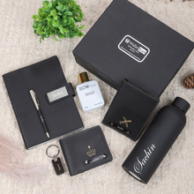 Load image into Gallery viewer, Perfect Black Personalized Gift Set – Wallet, Diary, Pen, Passport Cover, Metal Keychain, H2GO Bottle and Perfume