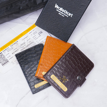 Load image into Gallery viewer, Personalized Passport Holder with Name for Men & Women | Custom Name Travel Wallet with Golden Plate & Charm | Textured Passport Cover with Card Slots & Secure Snap Closure