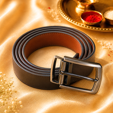 Load image into Gallery viewer, Personalized Croco Leather Wallet & Belt Combo with Custom Name Rudraksha Rakhi | Raksha Bandhan Gift Set for Brother
