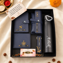 Load image into Gallery viewer, Personalized Wallet, Passport Holder, Eyewear Case, Keychain & Bottle Combo with Custom Name Rudraksha Rakhi | Premium Gift Set for Brother