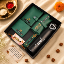 Load image into Gallery viewer, Personalized Wallet, Passport Holder, Eyewear Case, Keychain & Bottle Combo with Custom Name Rudraksha Rakhi | Premium Gift Set for Brother