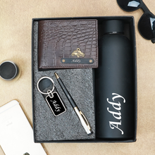 Load image into Gallery viewer, Personalised Men's Wallet with name & charm, Keychain Pen & Bottle 4 in 1 Gift Combo for Boyfriend, Friend, Husband