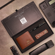 Load image into Gallery viewer, Stylish Genuine Leather Wallet Combo | Personalized Wallet + Pen + Keychain Combo Gift for Him