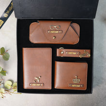 Load image into Gallery viewer, Personalised 4-in-1 Leather's Wallet, Eyewear Case, Passport Cover & Keychain with Golden Foil Name Strip & Charm For Boyfriend, Husband & Father On Birthday and Anniversary