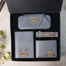 Load image into Gallery viewer, Personalised 4-in-1 Leather's Wallet, Eyewear Case, Passport Cover & Keychain with Golden Foil Name Strip & Charm For Boyfriend, Husband & Father On Birthday and Anniversary