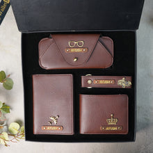 Load image into Gallery viewer, Personalised 4-in-1 Leather's Wallet, Eyewear Case, Passport Cover & Keychain with Golden Foil Name Strip & Charm For Boyfriend, Husband & Father On Birthday and Anniversary