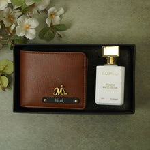 Load image into Gallery viewer, Personalised 2-in-1 Leather’s Wallet with Engraved Black Plate With Name and Charm and Perfume For Boyfriend, Husband & Father On Birthday and Anniversary