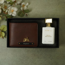 Load image into Gallery viewer, Personalised 2-in-1 Leather’s Wallet with Engraved Black Plate With Name and Charm and Perfume For Boyfriend, Husband & Father On Birthday and Anniversary