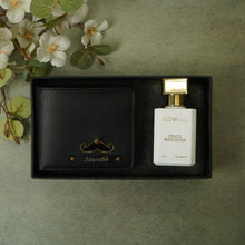 Load image into Gallery viewer, Personalised 2-in-1 Leather’s Wallet with Engraved Black Plate With Name and Charm and Perfume For Boyfriend, Husband & Father On Birthday and Anniversary
